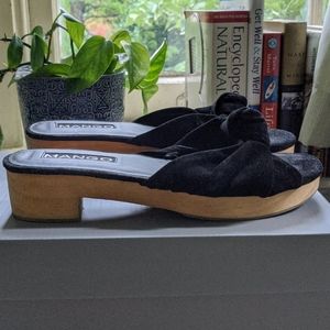 Black suede wooden sole slides